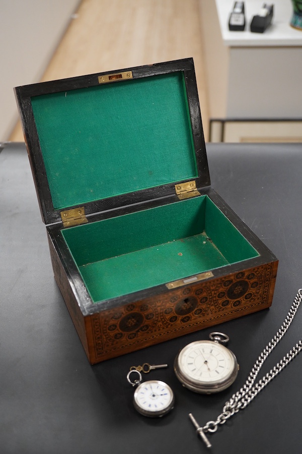 A late 19th century inlaid box containing a gentleman’s silver chronograph pocket watch, the dial numbered 41716, hallmarked for Chester 1878, a ladies Continental 935 grade silver pocket watch with enamel dial and a sil